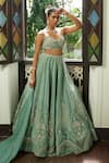 Enamour By Radha_Blue Silk, Organza Zari, Sequins, Pearls, Beads, Embroidery V-neck Lehenga Set _at_Aza_Fashions