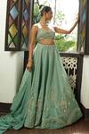 Shop_Enamour By Radha_Blue Silk, Organza Zari, Sequins, Pearls, Beads, Embroidery V-neck Lehenga Set 