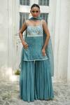 Enamour By Radha_Turquoise Silk, Muslin, Organza Embroidery, Sequins, Beads, Kurta Gharara Set _at_Aza_Fashions