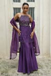 Buy_Enamour By Radha_Purple Silk, Organza Sequins, Beads, Tonal Floral Embroidered Kurta Sharara Set _at_Aza_Fashions