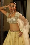 Shop_Enamour By Radha_Ivory Silk, Net Beads, Sequins, Zari, Stones Square Self Gold Butti Lehenga Set _Online_at_Aza_Fashions