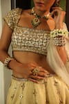 Enamour By Radha_Ivory Silk, Net Beads, Sequins, Zari, Stones Square Self Gold Butti Lehenga Set _Online