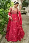 Enamour By Radha_Red Organza Zari, Pearls, Beads, Embroidery, Sequins Floral Kurta Lehenga Set _at_Aza_Fashions