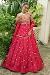 Buy_Enamour By Radha_Red Organza Zari, Pearls, Beads, Embroidery, Sequins Floral Kurta Lehenga Set 