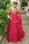 Buy_Enamour By Radha_Red Organza Zari, Pearls, Beads, Embroidery, Sequins Floral Kurta Lehenga Set _at_Aza_Fashions