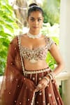 Enamour By Radha_Chocolate Silk, Organza Beads, Pearls, Zari, Embroidery Brown Lehenga Set _at_Aza_Fashions