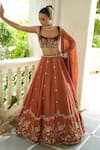 Enamour By Radha_Rust Silk, Velvet, Tissue Embroidery, Beads, Sequins, Mitti Floral Lehenga Set _Online_at_Aza_Fashions