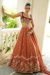 Shop_Enamour By Radha_Rust Silk, Velvet, Tissue Embroidery, Beads, Sequins, Mitti Floral Lehenga Set _Online_at_Aza_Fashions