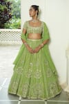 Buy_Enamour By Radha_Green Organza Sequins, Pearls, Mirrors, Beads, Zari, Embroidery Lehenga Set 