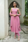 Enamour By Radha_Pink Georgette, Cotton, Lycra Cut Work, Sequins, Pearls, Drop Anarkali Set _at_Aza_Fashions