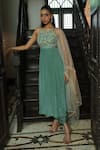 Enamour By Radha_Green Silk, Net Embroidery, Beads, Sequins, Pearls Round Strappy Anarkali Set _at_Aza_Fashions