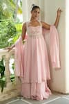 Buy_Enamour By Radha_Pink Silk, Organza, Viscose Pearls, Beads Embroidered Anarkali Sharara Set _at_Aza_Fashions