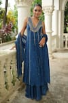 Buy_Enamour By Radha_Blue Georgette Beads, Sequins, Pearls, Embroidery V-neck Anarkali Sharara Set _at_Aza_Fashions