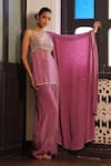 Enamour By Radha_Pink Crepe, Silk Pearls, Beads, Sequins, Embroidery Strappy Kurta Palazzo Set _at_Aza_Fashions