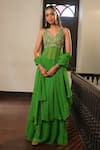 Buy_Enamour By Radha_Green Georgette, Silk Beads, Pearls, Embroidered In-cut Anarkali Sharara Set _at_Aza_Fashions