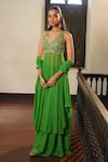 Enamour By Radha_Green Georgette, Silk Beads, Pearls, Embroidered In-cut Anarkali Sharara Set _Online_at_Aza_Fashions