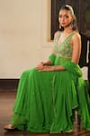 Shop_Enamour By Radha_Green Georgette, Silk Beads, Pearls, Embroidered In-cut Anarkali Sharara Set _Online_at_Aza_Fashions