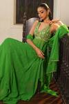 Enamour By Radha_Green Georgette, Silk Beads, Pearls, Embroidered In-cut Anarkali Sharara Set _at_Aza_Fashions