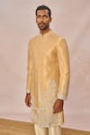 Masaba_Gold Silk, Tissue Embroidery, Chandni Gul Jharokha Embellished Sherwani Set _Online_at_Aza_Fashions