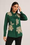 Namrata Joshipura Green Modal, Linen Embroidery, Sequins Collared Poppy Flower Shirt at Aza Fashions Namrata Joshipura_Green Modal, Linen Embroidery, Sequins Collared Poppy Flower Shirt _at_Aza_Fashions