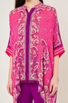 Buy_Namrata Joshipura_Fuchsia Georgette Mandarin Collar, Split V-neck Paisley Printed Asymetrric Tunic _Online_at_Aza_Fashions