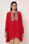 Namrata Joshipura Red Georgette Embroidery, Beads Round Neck Timeless Bloom Frill Tunic Online at Aza Fashions Namrata Joshipura_Red Georgette Embroidery, Beads Round Neck Timeless Bloom Frill Tunic _Online_at_Aza_Fashions