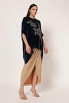 Buy_Namrata Joshipura_Teal Velvet Beads, Stones Mandarin Collar Bloom Wave Handkerchief Tunic _at_Aza_Fashions