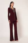 Buy_Namrata Joshipura_Wine Jersey Beads, Metallic Thread, Embroidery Marielle Front Open Top With Pant _Online_at_Aza_Fashions