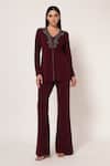 Shop_Namrata Joshipura_Wine Jersey Beads, Metallic Thread, Embroidery Marielle Front Open Top With Pant _Online_at_Aza_Fashions