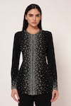 Namrata Joshipura_Black Jersey Sequins, Stones Round Neck Silver Dust Front Open Top With Pant _at_Aza_Fashions