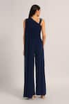 Shop_Namrata Joshipura_Navy Jersey Sequins, Embroidery One Shoulder Silver Dust Front Draped Jumpsuit _at_Aza_Fashions