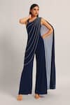 Namrata Joshipura_Navy Jersey Sequins, Embroidery One Shoulder Silver Dust Front Draped Jumpsuit _Online_at_Aza_Fashions