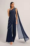 Buy_Namrata Joshipura_Navy Jersey Sequins, Embroidery One Shoulder Silver Dust Front Draped Jumpsuit _Online_at_Aza_Fashions