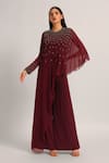Namrata Joshipura_Wine Jersey Beads Round Neck Silver Dust Front Flap Jumpsuit _Online_at_Aza_Fashions