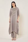 Buy_Namrata Joshipura_Gray Chiffon Beads, Sequins, Embroidery Round Neck Amara Yoke Kaftan With Pant _at_Aza_Fashions