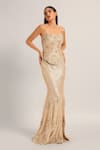 Shop_Namrata Joshipura_Gold Mesh Sequins, Embroidery Bandeau Neck Amara Corset With Draped Skirt _Online_at_Aza_Fashions