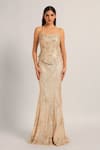 Namrata Joshipura_Gold Mesh Sequins, Embroidery Bandeau Neck Amara Corset With Draped Skirt _at_Aza_Fashions