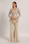 Buy_Namrata Joshipura_Gray Mesh Sequins, Beads V-neck Amara Long Peplum With Sharara _at_Aza_Fashions
