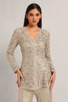 Buy_Namrata Joshipura_Gray Mesh Sequins, Beads V-neck Amara Long Peplum With Sharara 