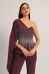 Buy_Namrata Joshipura_Wine Jersey Sequins, Stones One Shoulder, Silver Dust Peplum Top With Sharara _Online_at_Aza_Fashions