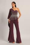 Namrata Joshipura_Wine Jersey Sequins, Stones One Shoulder, Silver Dust Peplum Top With Sharara _at_Aza_Fashions