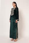 Namrata Joshipura_Emerald Green Velvet Embroidery, Sequins Round Timeless Bloom Yoke Long Kaftan _Online_at_Aza_Fashions