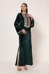 Shop_Namrata Joshipura_Emerald Green Velvet Embroidery, Sequins Round Timeless Bloom Yoke Long Kaftan _Online_at_Aza_Fashions