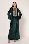 Buy_Namrata Joshipura_Emerald Green Velvet Embroidery, Sequins Round Timeless Bloom Yoke Long Kaftan _at_Aza_Fashions