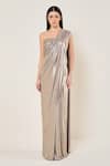 Buy_Namrata Joshipura_Gray Mesh Sequins, Fabric Flowers One Amara Corset Blouse With Pre-draped Saree _at_Aza_Fashions