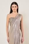 Namrata Joshipura_Gray Mesh Sequins, Fabric Flowers One Amara Corset Blouse With Pre-draped Saree _Online_at_Aza_Fashions