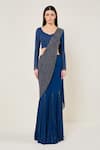 Buy_Namrata Joshipura_Teal Viscose Georgette Trackline Pre-draped Saree With Embroidered Blouse _at_Aza_Fashions