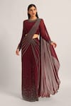 Buy_Namrata Joshipura_Wine Jersey Beads, Stones Silver Dust Embelished Pre-draped Saree With Blouse _at_Aza_Fashions