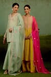 Shyam Narayan Prasad_Green Brocade, Silk, Organza Embroidery, Beads V-neck Zardozi Kurta Sharara Set _Online_at_Aza_Fashions