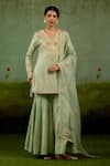 Buy_Shyam Narayan Prasad_Green Brocade, Silk, Organza Embroidery, Beads V-neck Zardozi Kurta Sharara Set _at_Aza_Fashions